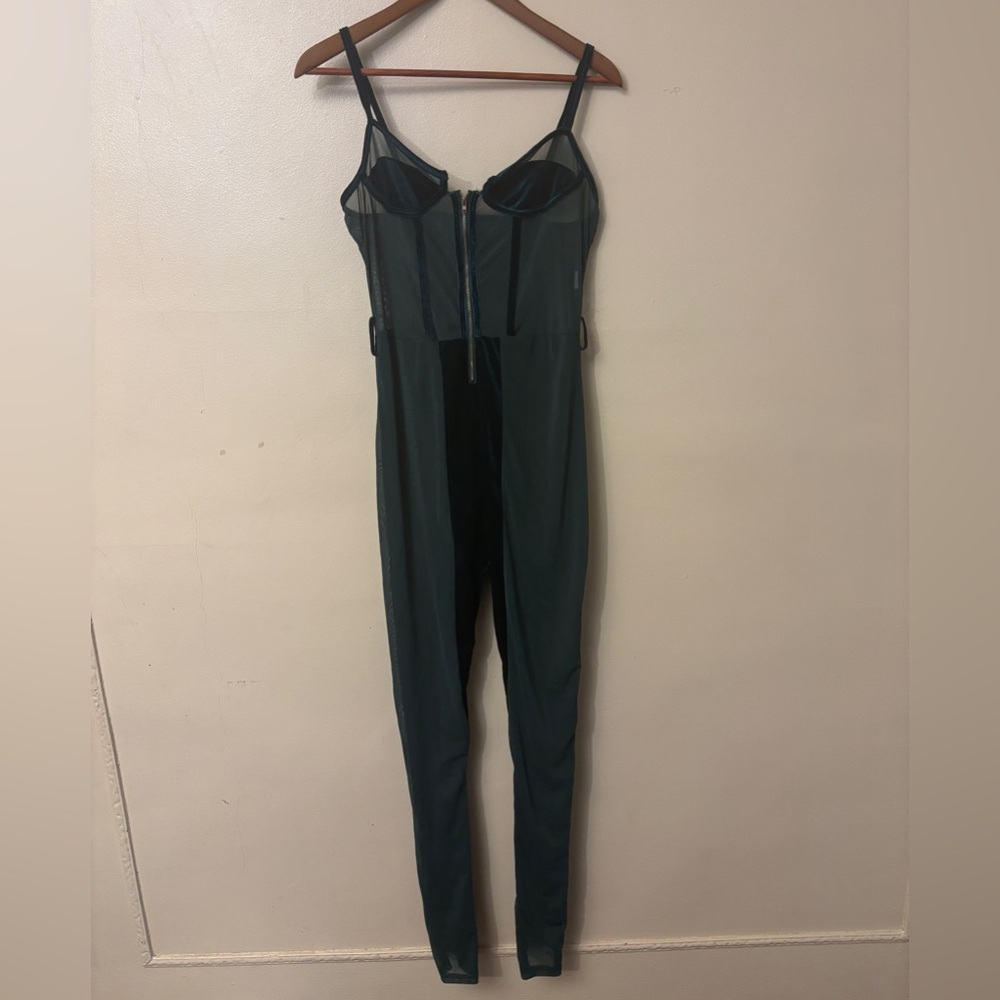 Dark green mesh and velvet zippered bodysuit with adjustable spaghetti straps